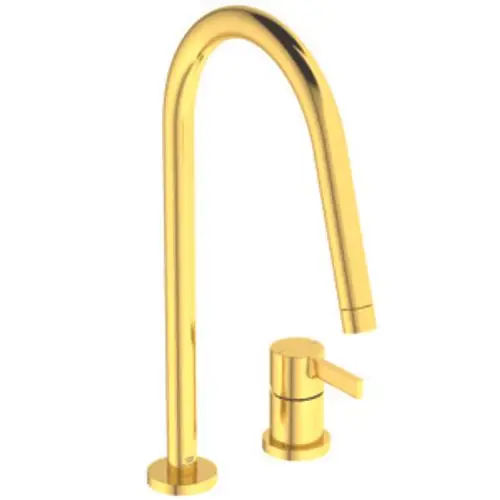 Goldene Küchenarmatur von Ideal Standard, mit hohem, gebogenem Auslauf und separatem Bedienhebel. Minimalistisches Design für moderne Küchen.